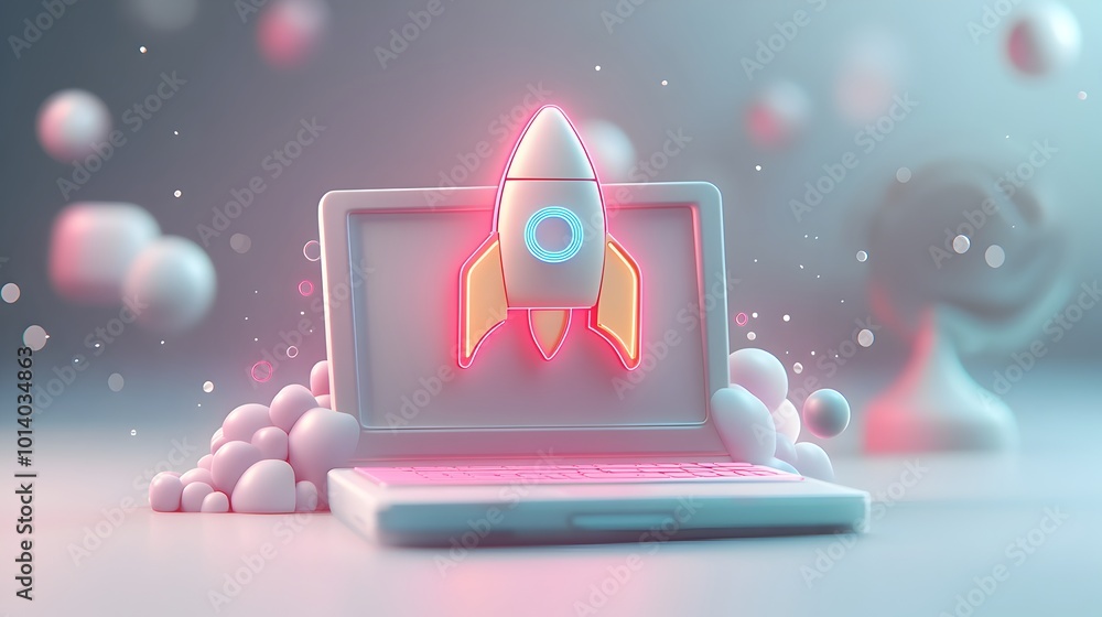 Poster innovative 3d startup visualization with laptop rocket icon futuristic programming workflow vibrant 