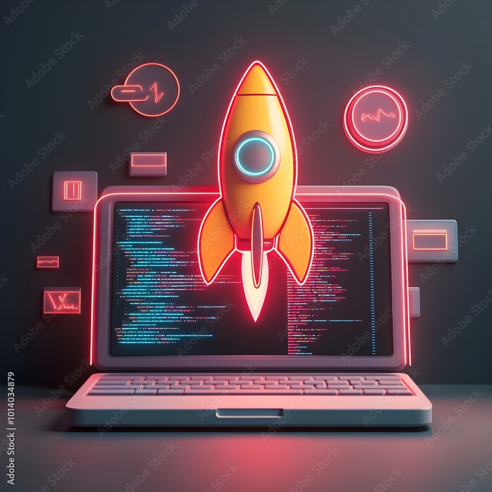 Poster innovative 3d startup scene featuring a laptop rocket symbol coding interface and striking neon hues