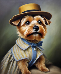 Victorian Painting Of A Norfolk Terrier in a dapper yellow hat