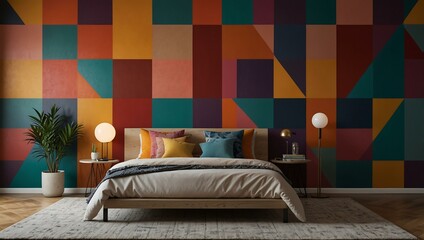 Bold accent wall with vibrant colors and geometric patterns