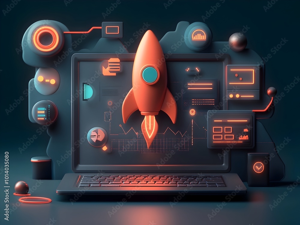 Poster cutting edge 3d cgi startup concept featuring modern laptop dynamic rocket symbol intricate software