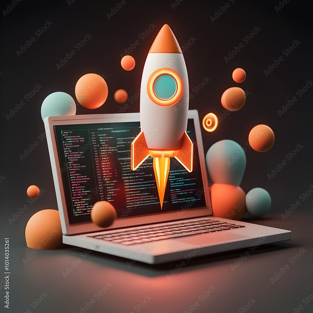 Poster cutting edge 3d visualization of a disruptive startup concept featuring a laptop device and rocket i