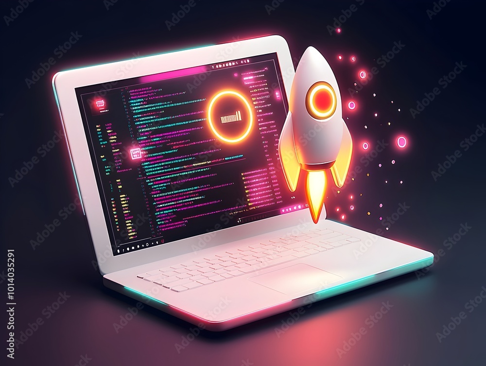 Poster dynamically rendered startup concept with a futuristic white laptop glowing rocket icon coding termi