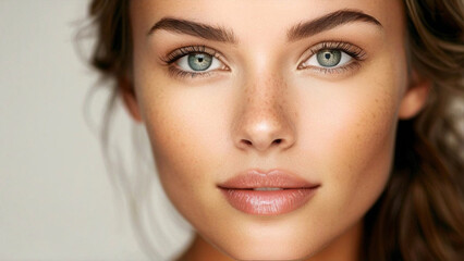 Obraz premium Close-up of a young woman with freckles on perfect skin, showing perfect lips and green and blue eyes