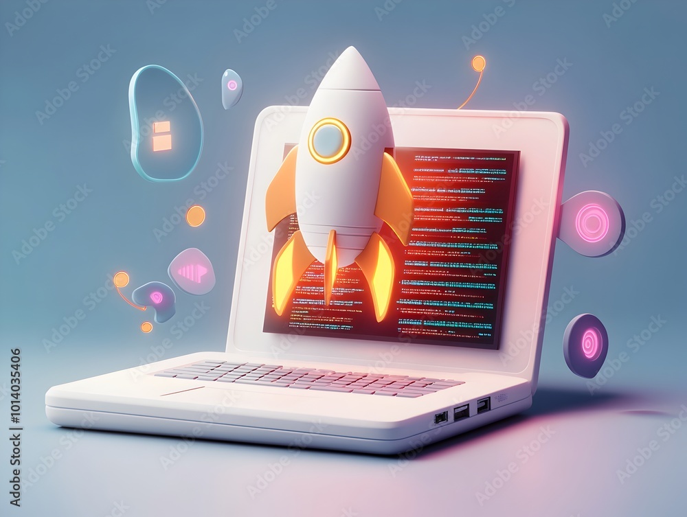 Poster dynamically rendered startup concept with a futuristic white laptop glowing rocket icon coding termi