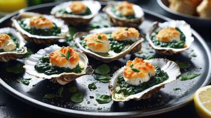 Oysters Rockefeller, creamy spinach topping, baked to perfection, classic elegance, Generative AI