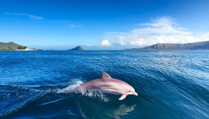 Ein Rosa Delfin springt spielerisch aus dem Wasser