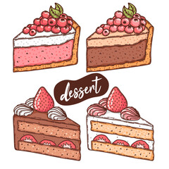 Cheesecake with berries, chocolate cake with colorful cream icing collection. Hand drawn sweet pastry illustration