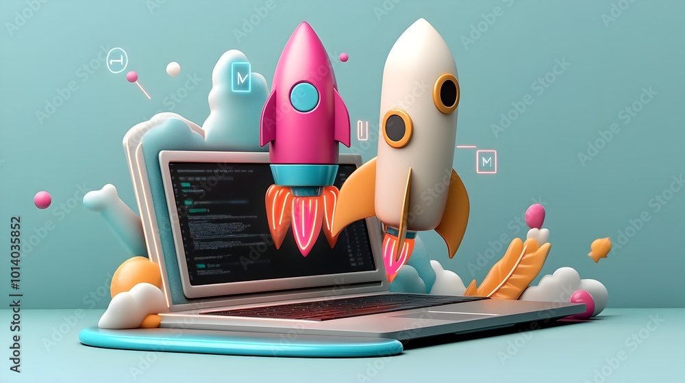 Poster cutting edge 3d rendered startup design with sleek laptop vibrant rocket icon and immersive software