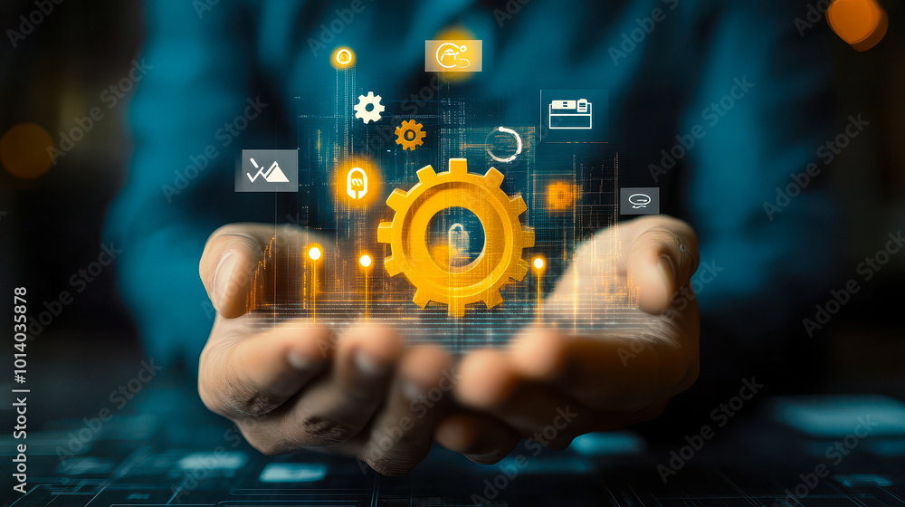 Poster businessman managing automated workflow and time planning using gears and digital tools for quality 