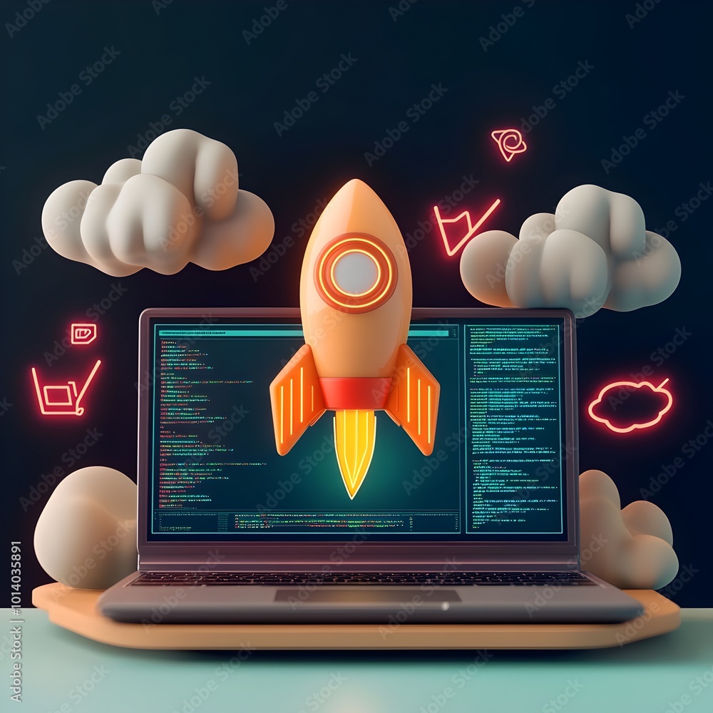 Poster innovative 3d startup scene featuring a laptop rocket symbol coding interface and striking neon hues
