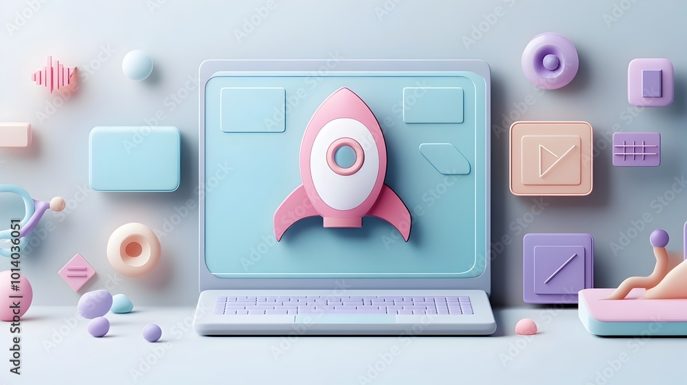 Poster futuristic 3d rendered startup concept featuring a sleek laptop device with a rocket icon the dynami