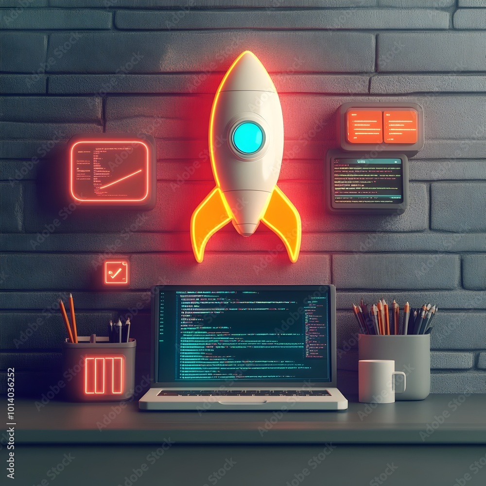 Poster visionary startup scene with futuristic 3d workspace and luminous neon rendering of a modern technol