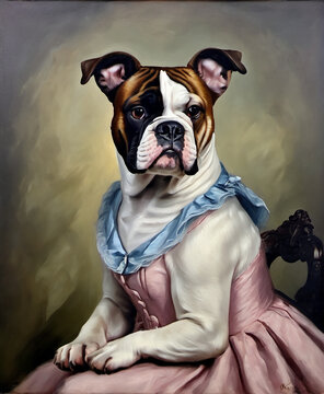 Victorian Oil Painting Of A Female Alapaha Blue Blood Bulldog Dog
