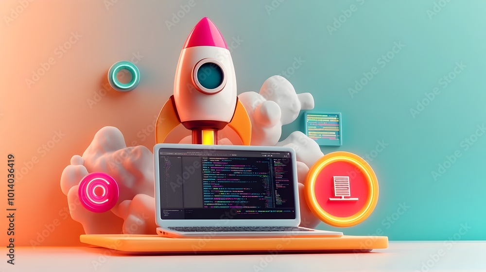 Poster innovative 3d rendered startup idea with laptop rocket icon coding workflow and vibrant neon palette