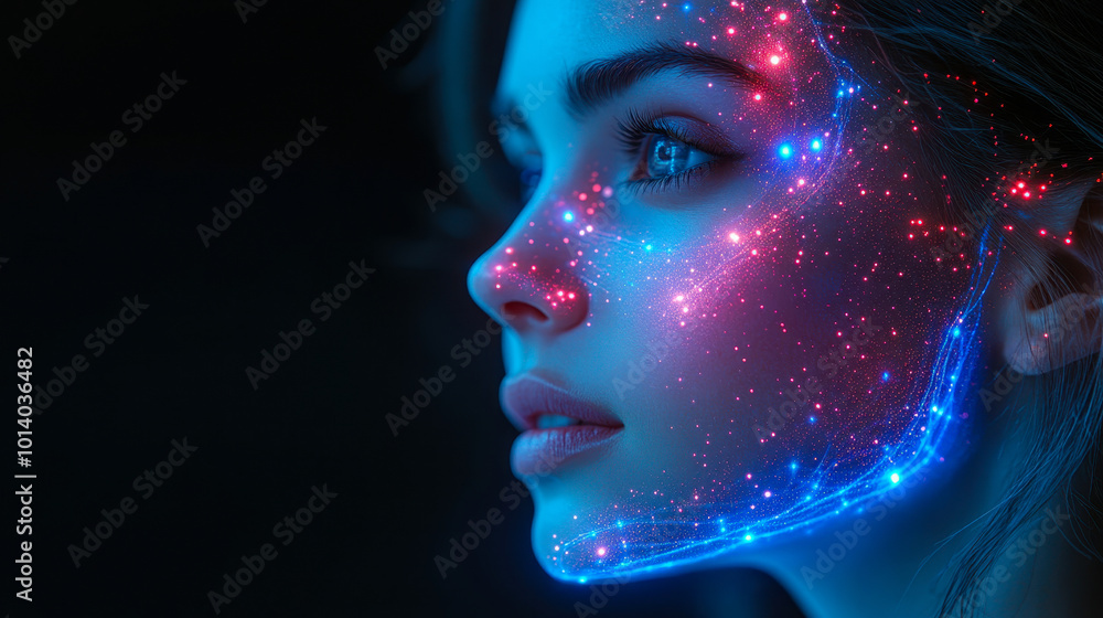 Poster side profile of woman with neon network nodes, illuminated face representing artificial intelligence