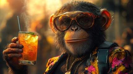 Anthropomorphic Fashionable Chimp Raising Cocktail in Flamboyant Jacket at Sunset, Celebrating with Refreshing Drink in a Party Setting, Hyperrealistic Fantasy Creature