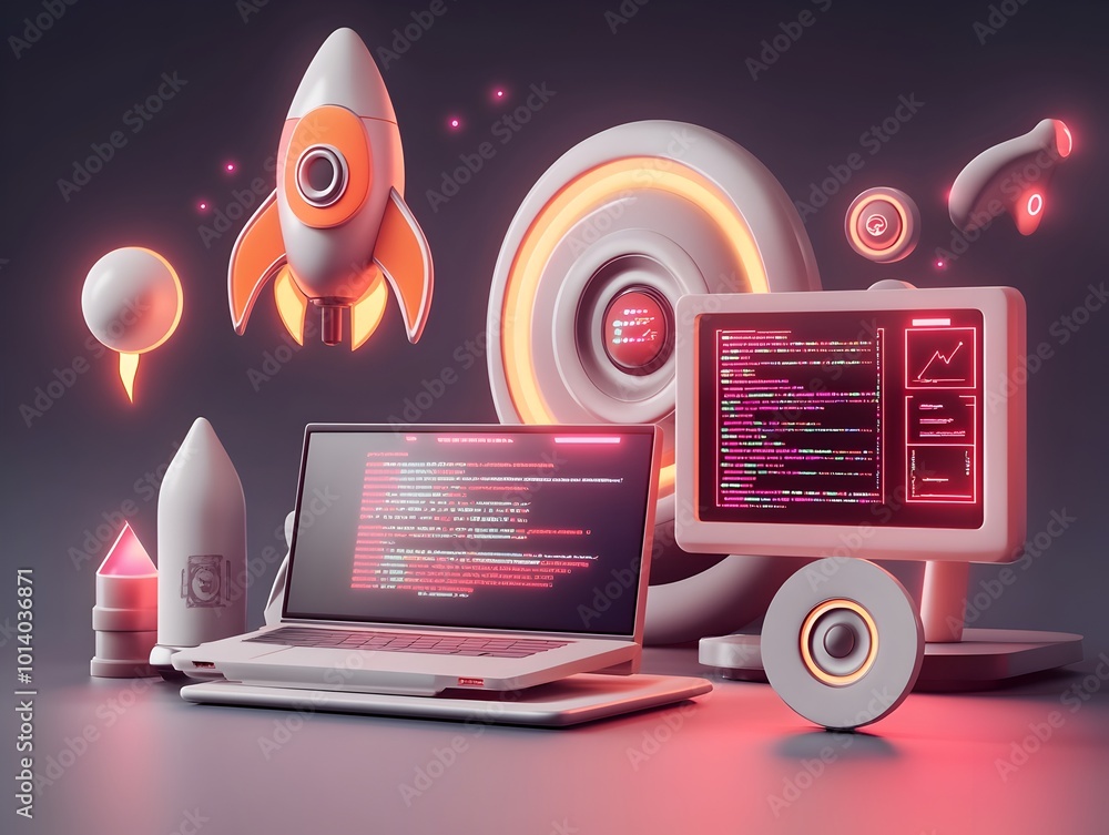 Poster visually striking 3d scene capturing the core elements of a cutting edge startup s dynamic workspace