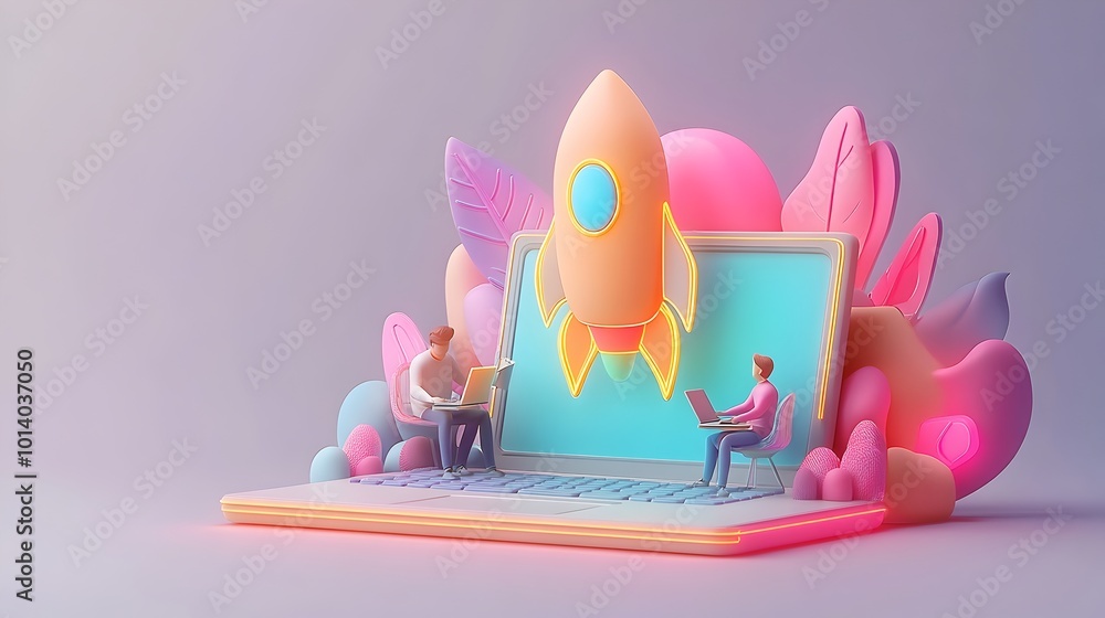 Poster modern 3d rendered startup concept showcasing a vibrant neon color palette a sleek and minimalist st