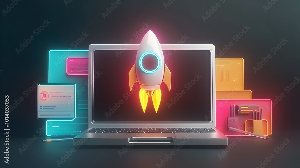 Poster sleek 3d rendered startup concept featuring a modern silver laptop holographic rocket icon colorful 