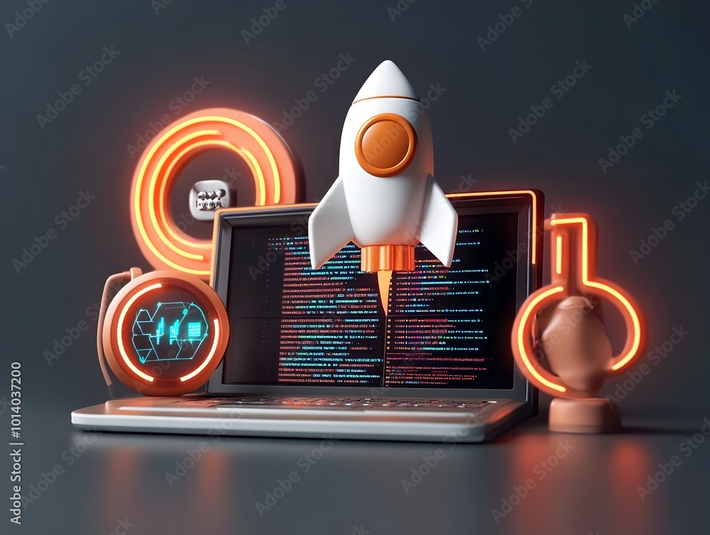 Poster visually stunning 3d scene depicting the core elements of a cutting edge startup workspace including