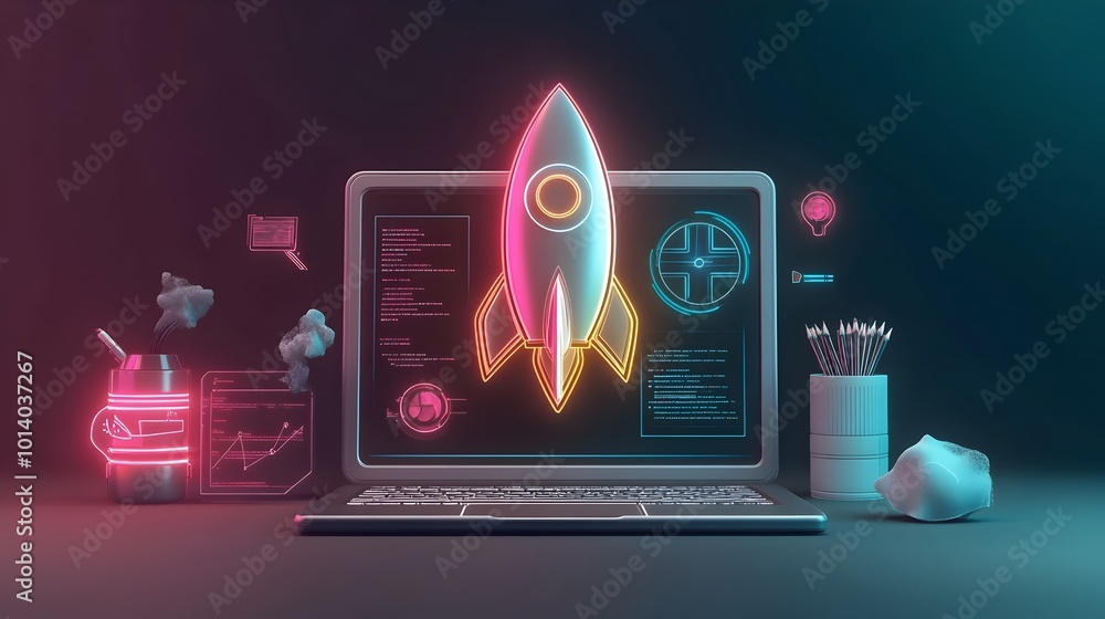 Poster visionary 3d rendered startup concept featuring a sleek laptop futuristic rocket icon and a high tec