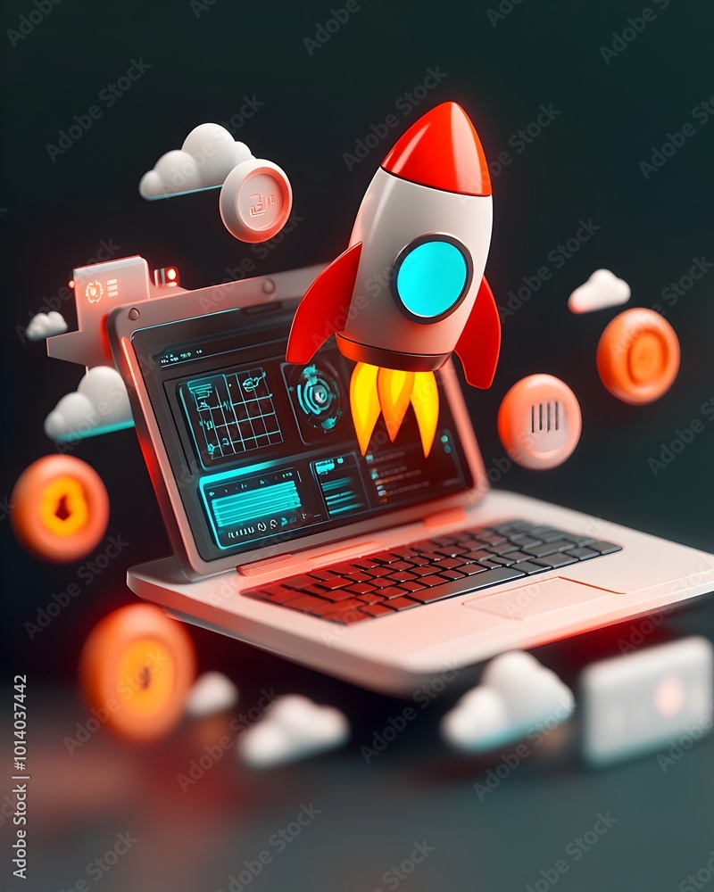 Poster Cutting edge 3D rendered startup visuals featuring a high tech laptop with a holographic keyboard a rocket launch icon representing an immersive digital workspace with virtual control panels