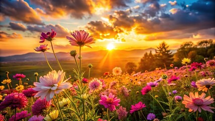 Fototapeta premium Flowers on wildflowers field during sunrise painting on canvas. Beautiful natural landscape in summer time modern artwork