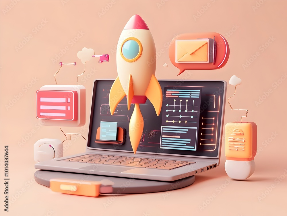 Poster cutting edge 3d cgi startup concept featuring a modern laptop dynamic rocket symbol intricate softwa