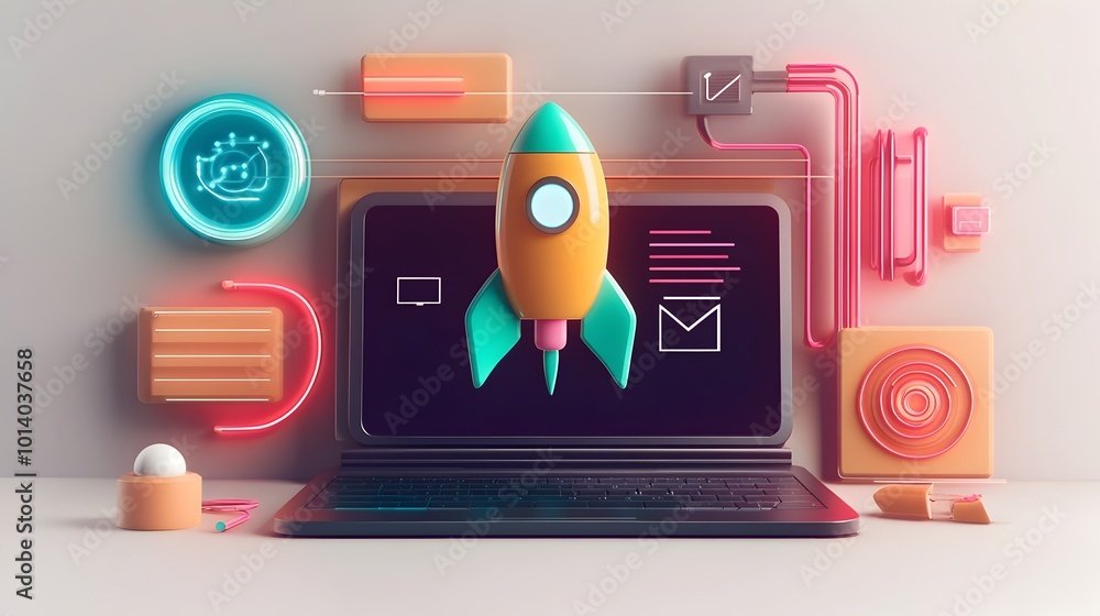 Aufkleber innovative 3d rendered workspace showcasing a modern startup environment with a sleek laptop vibrant