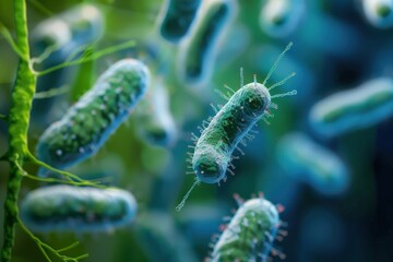 Fototapeta premium A close up of a bunch of blue bacteria, generative ai image
