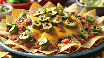 Loaded nachos piled high with melted cheese, spicy jalapenos, tangy salsa, and creamy guacamole, a crowd-pleasing favorite for game day, Generative AI