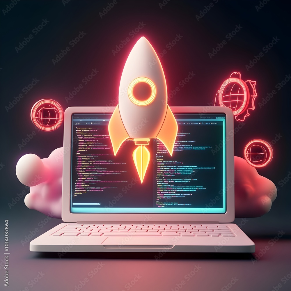 Poster innovative 3d startup scene featuring a laptop rocket symbol coding interface and striking neon hues