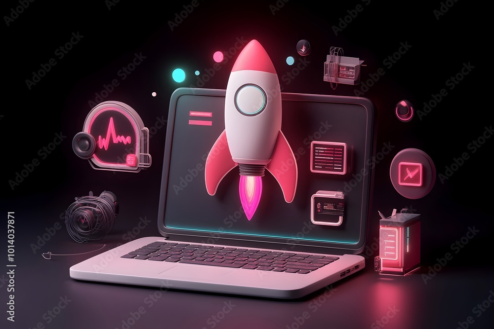 Poster innovative 3d rendered startup visual featuring a modern laptop captivating rocket icon and efficien
