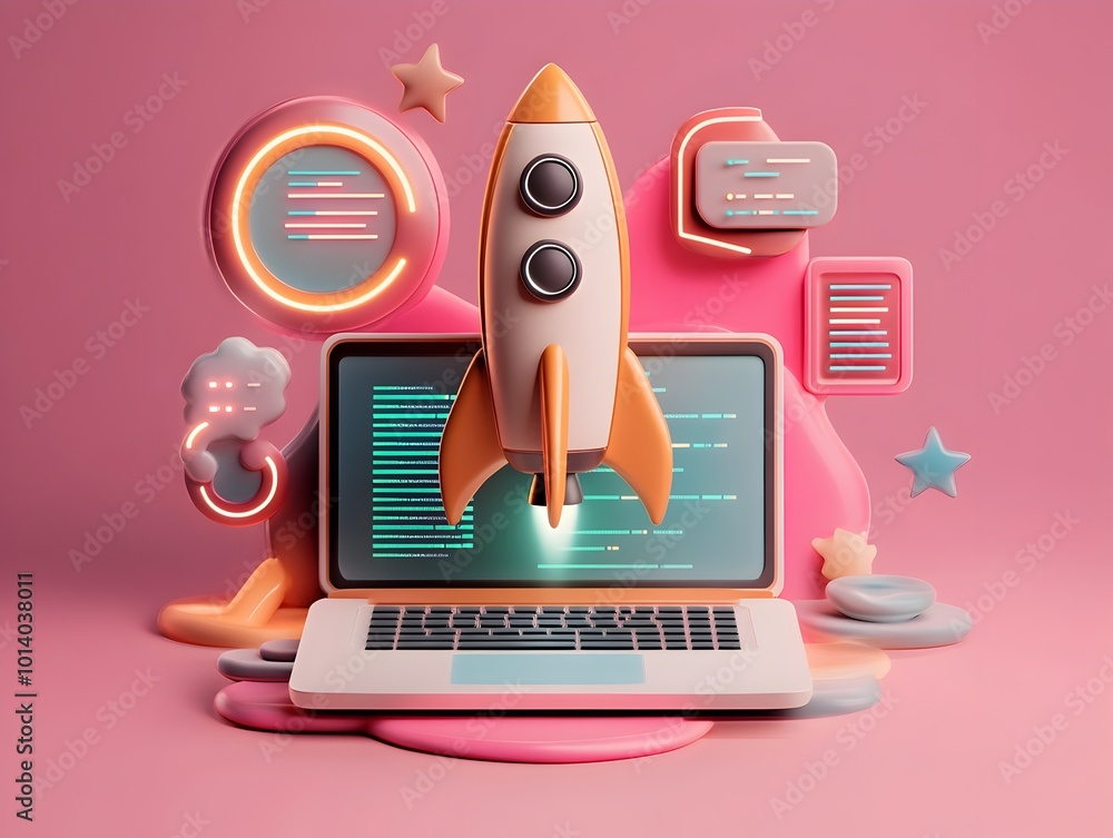 Poster cutting edge 3d visualization of an innovative startup idea featuring a modern laptop bold rocket br