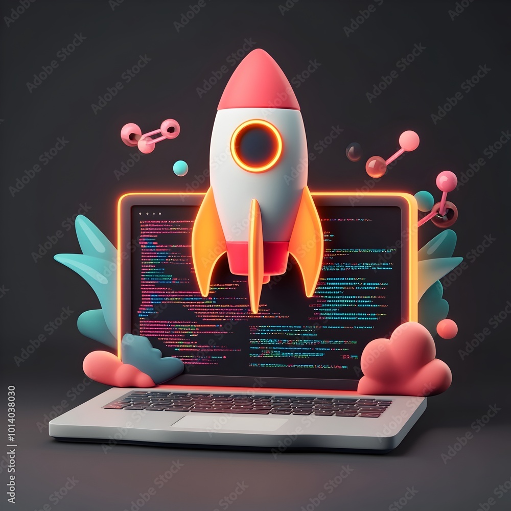 Poster futuristic 3d image depicting an innovative startup scene with a laptop rocket symbol coding interfa