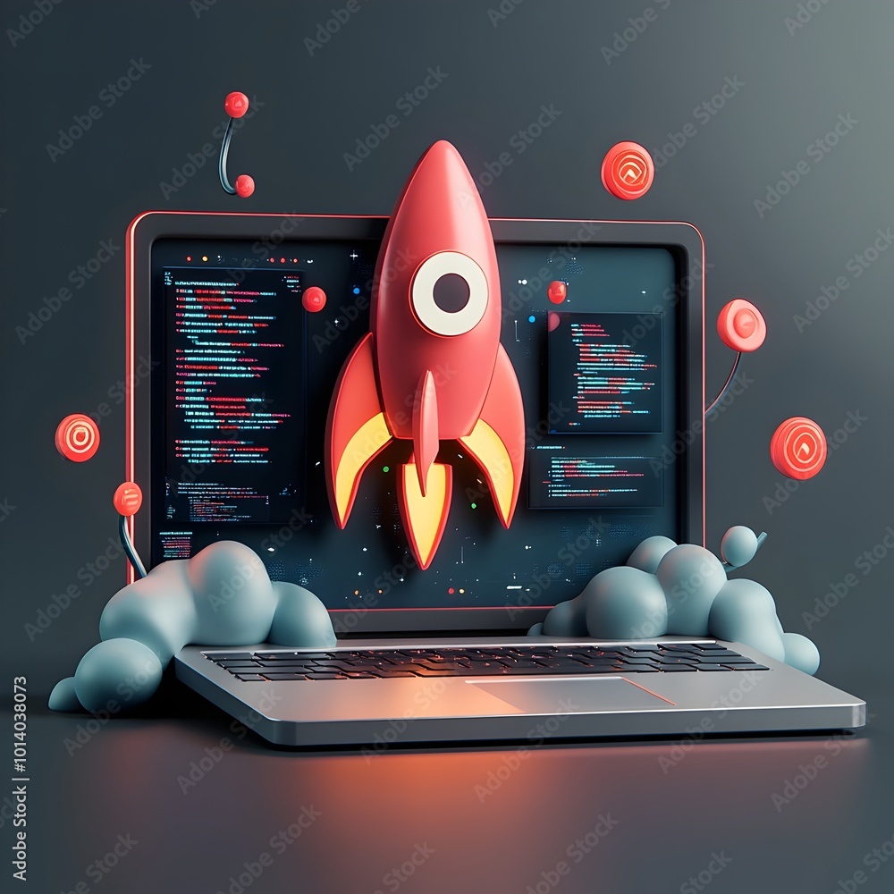 Poster cutting edge 3d visualization showcasing a disruptive startup concept featuring a sleek laptop devic