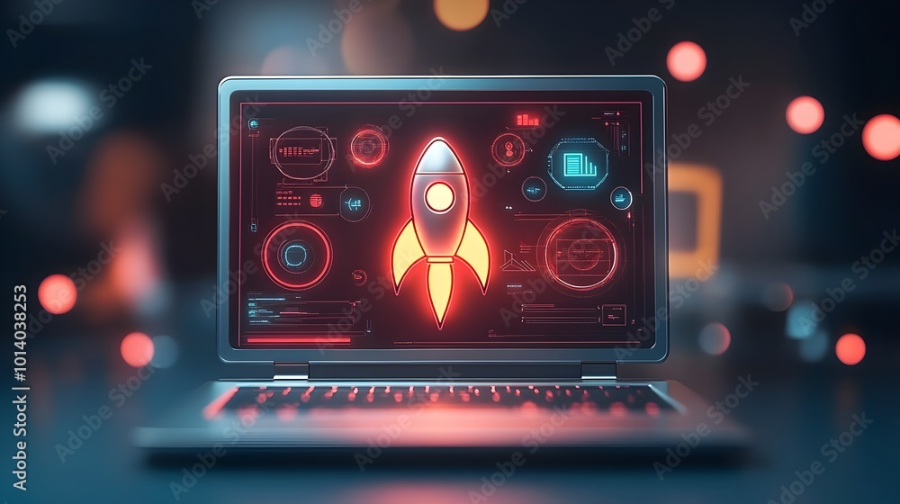 Poster futuristic 3d rendered startup technology and innovation workstation with sleek metallic laptop rock