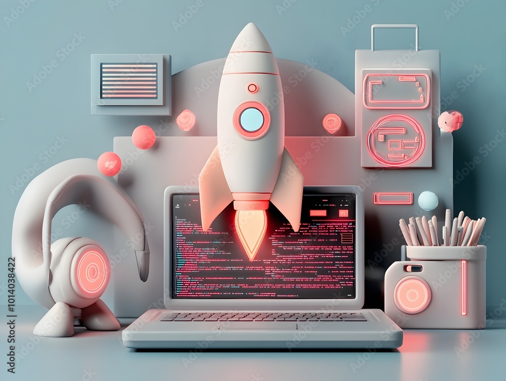 Poster energizing startup workspace with cutting edge tech visuals a captivating 3d scene depicting the cor