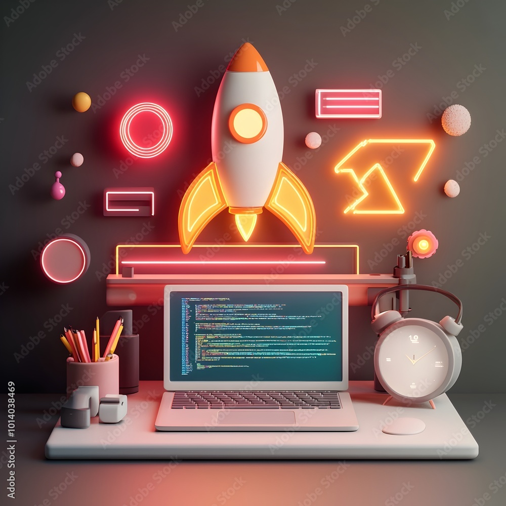 Poster conceptual 3d of a forward thinking startup workspace featuring a minimalist laptop dynamic rocket s