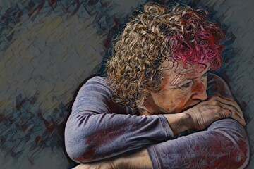 Low key color portrait of a middle aged woman with curly hair, leaning on her arms, looking to the left. Off centre, room for copy.  Photograph that has been filtered with AI application.