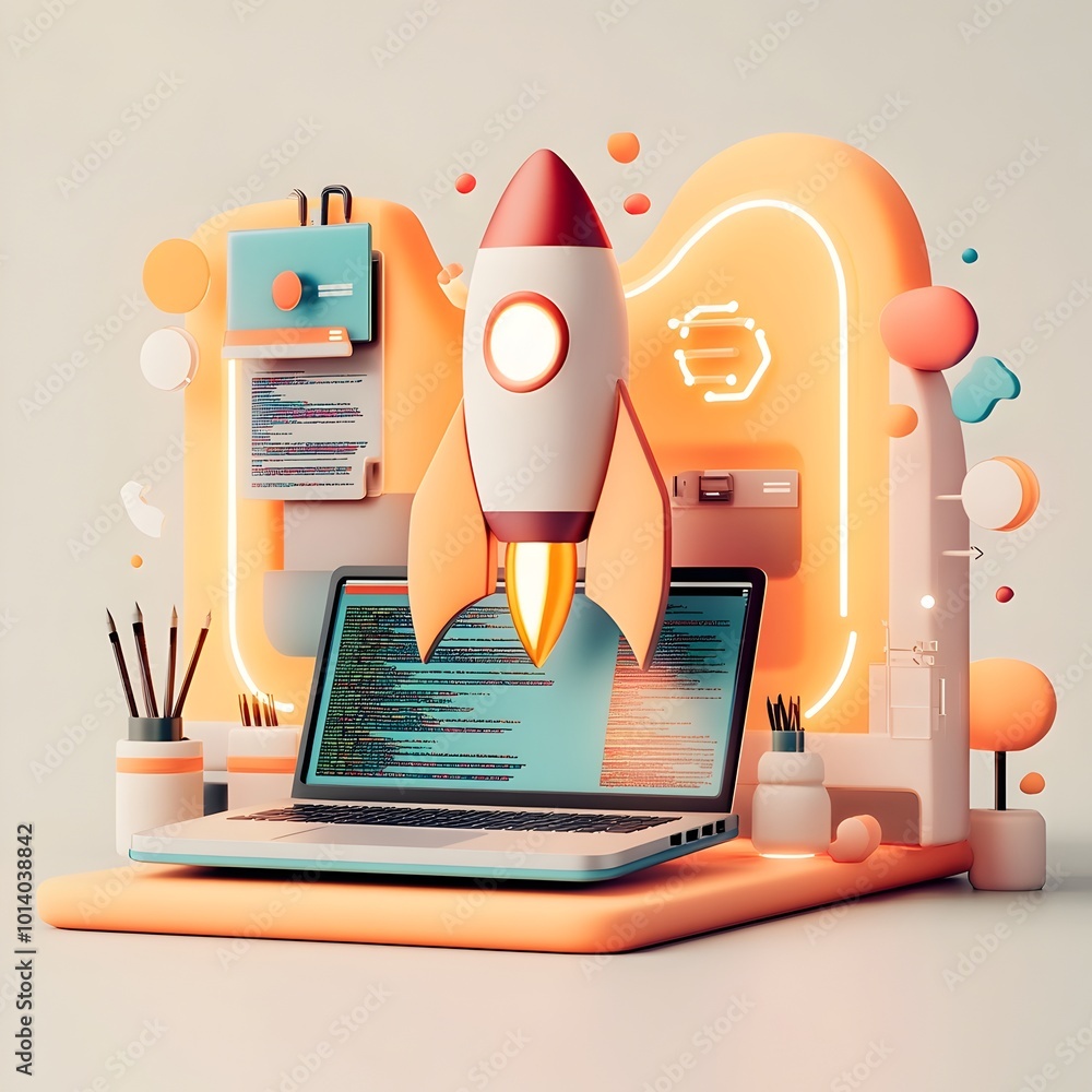 Poster futuristic 3d visualized startup scene featuring a modern laptop bold rocket symbol immersive coding