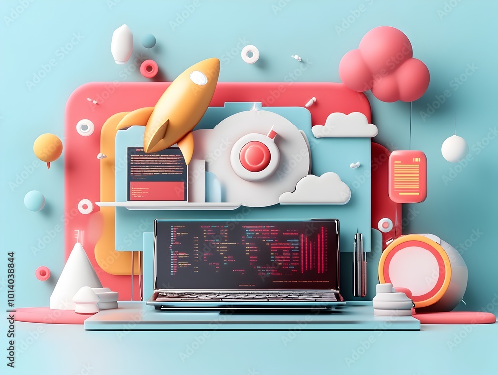 Poster cutting edge 3d visualized startup workspace with glossy laptop dynamic rocket symbol complex progra
