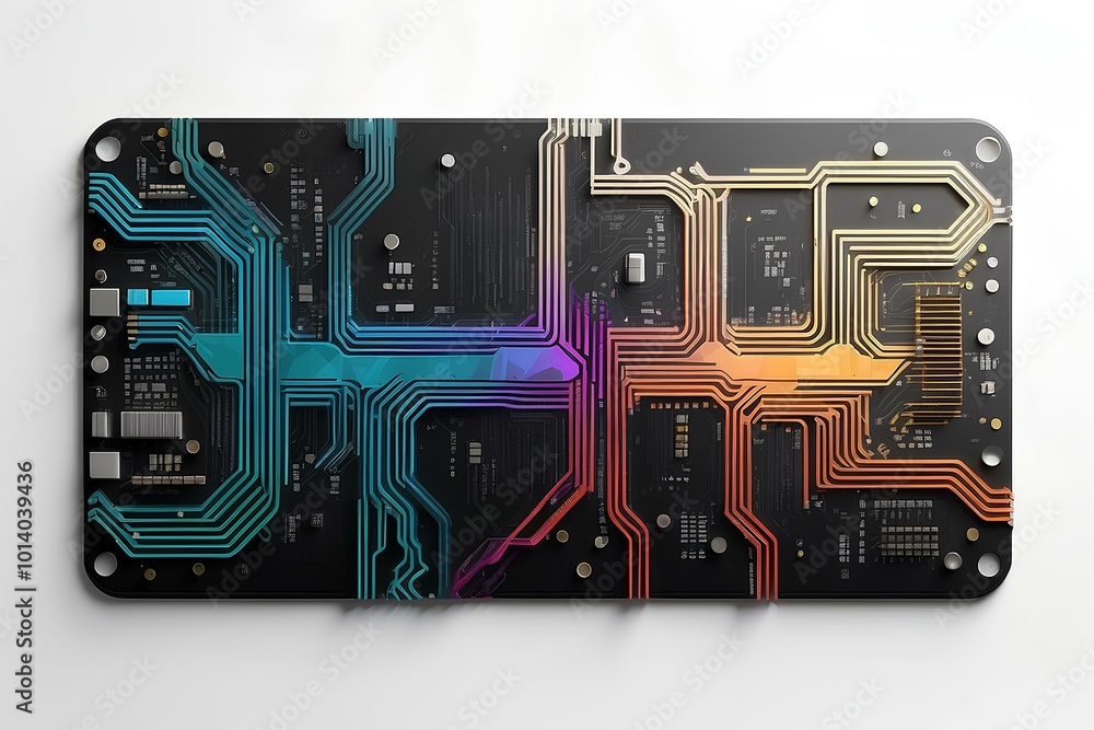 Poster futuristic circuit board with colorful pathways, symbolizing advanced technology and digital connect