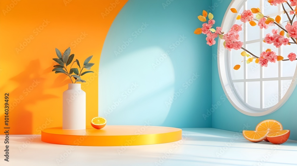 Poster minimalistic 3d studio room with vibrant orange gradient background empty floor and wall with a prod