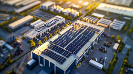 An aerial view of a building with solar panels on the roof