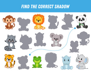 Find correct shadow of animals. Educational logical game for kids. Cartoon raccoon, lion, hippo, panda, koala, frog,tiger, elephant. 