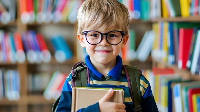 Cheerful young boy in glasses happily holding a book in a library filled with colorful shelves