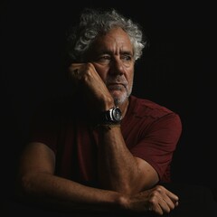 Low key color portrait of an attractive older Caucasian man with grey hair and beard. Looking to the left with serious or pensive expression. 