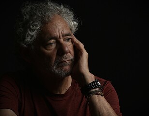Low key color portrait of an attractive older Caucasian man with grey hair and beard. Looking to the left with serious or depressed expression, leaning on his hand.